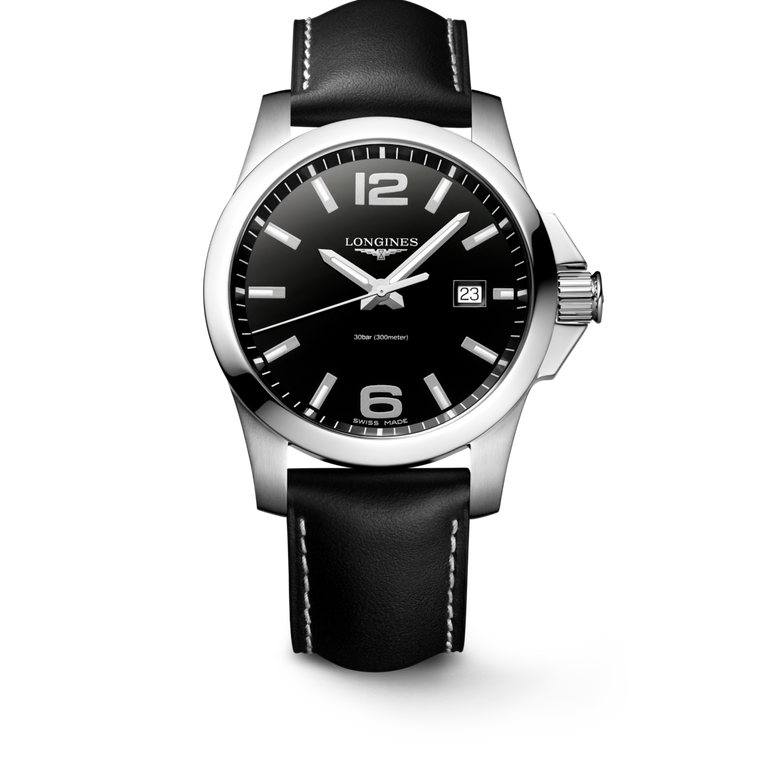 Longines Conquest Quartz Black Sunray Dial Black Leather Strap 43 mm [L3.760.4.56.3]