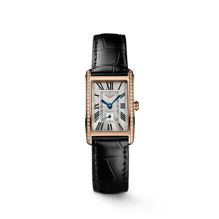 Longines DolceVita Quartz 20.5 × 32 mm Silver Flinqué Dial 18K Rose Gold Diamond Bezel Black Alligator Strap [L5.255.9.71.0]