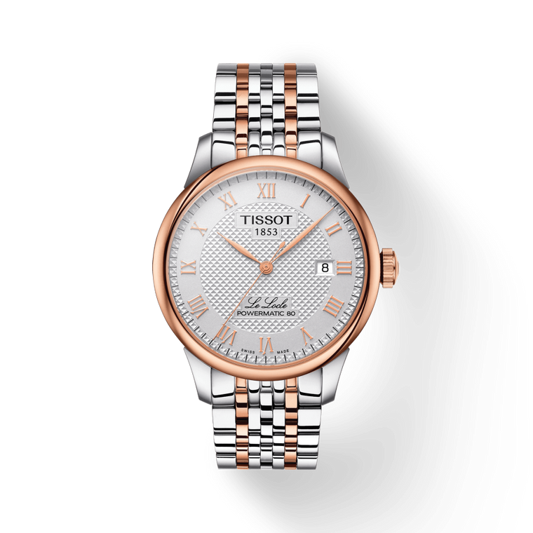 Front view: Tissot Le Locle Powermatic 80 T006.407.22.033.00 with silver dial and rose-gold PVD bracelet.