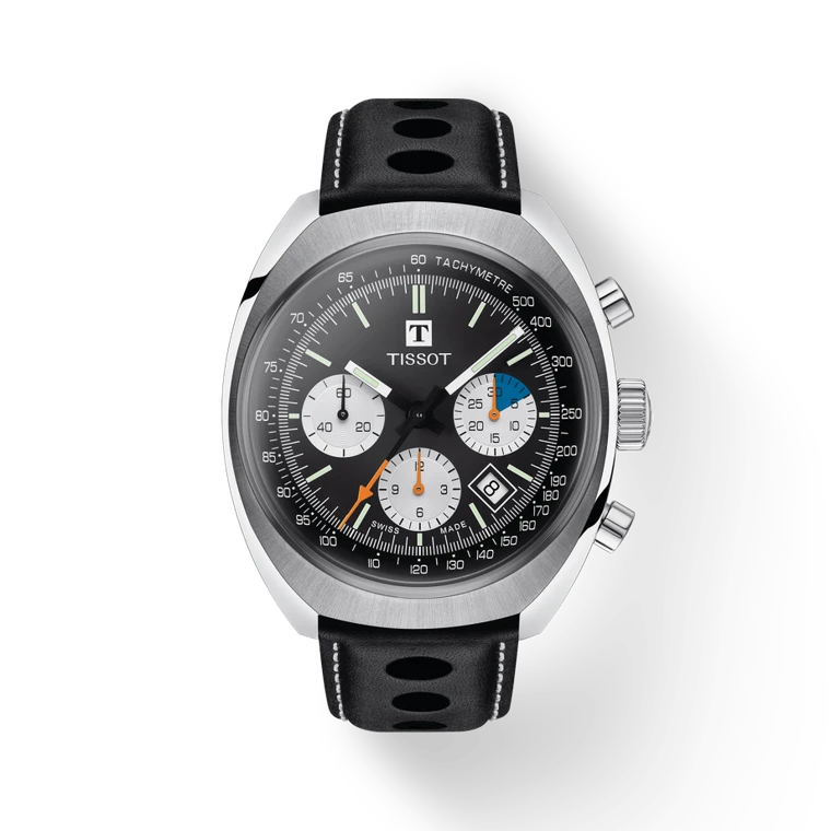 Front view of the Tissot Heritage 1973 T124.427.16.051.00 with black reverse-panda dial, matte white counters and black rally strap.
