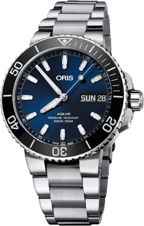 ORIS AQUIS BIG DAY DATE, BLUE DIAL on STEEL