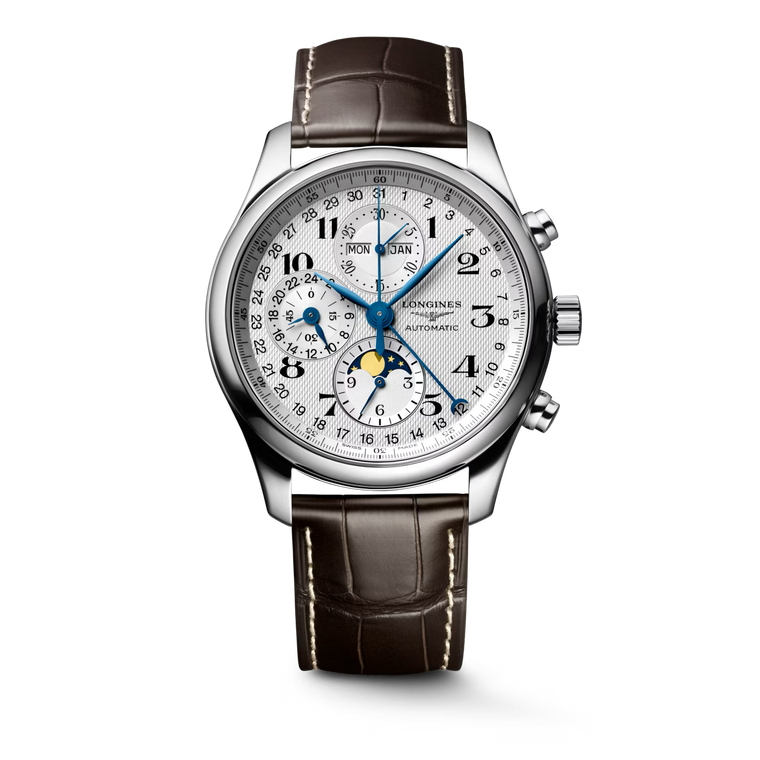 Longines Master Collection Chronograph Silver Barleycorn Dial With Calendar & Moonphase Brown Alligator Strap Automatic 42 mm [L2.773.4.78.3]