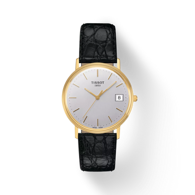 Tissot Goldrun Hesalite 18K Gold 33.7 mm Silver Dial Black Leather