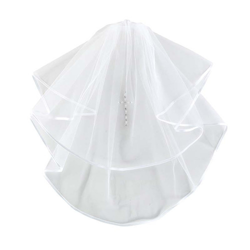 Satin Bow Head Band w/ Pearl Cross First Communion Veil
