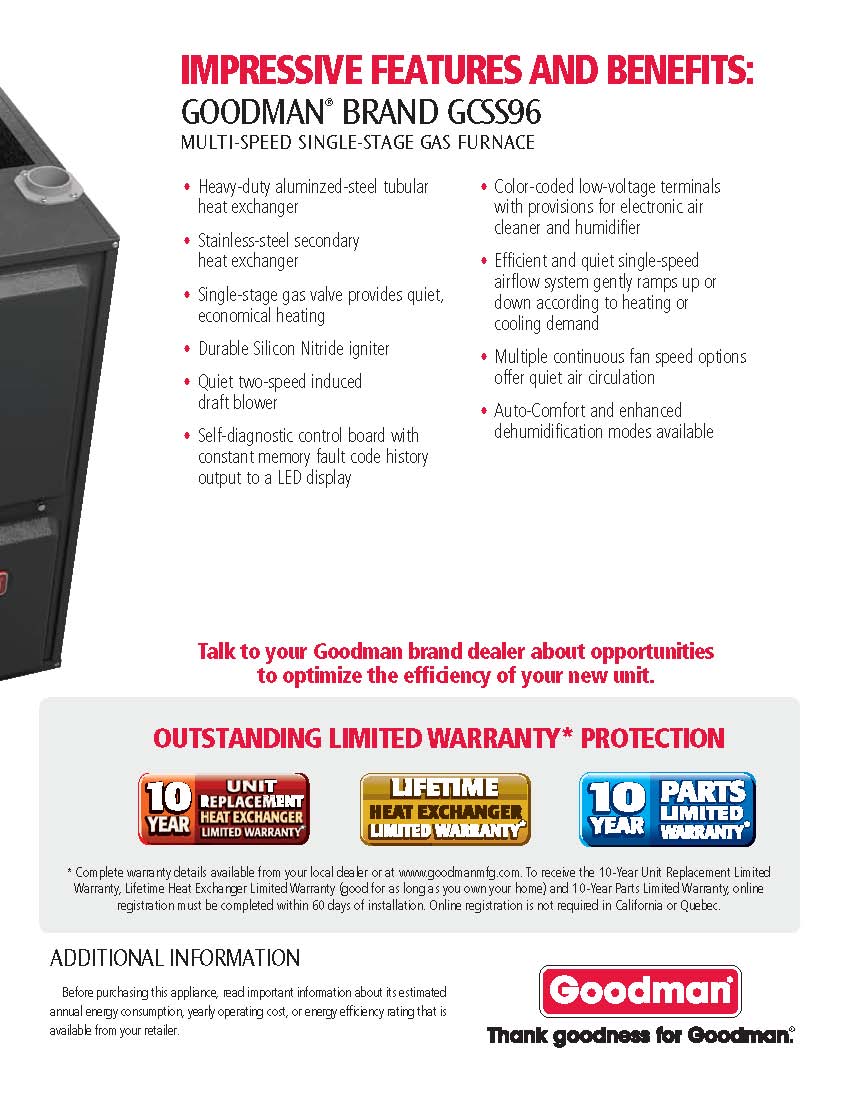 Goodman 96% Single Stage 120K BTU Gas Furnace, GCSS961205DN DOWN-FLOW