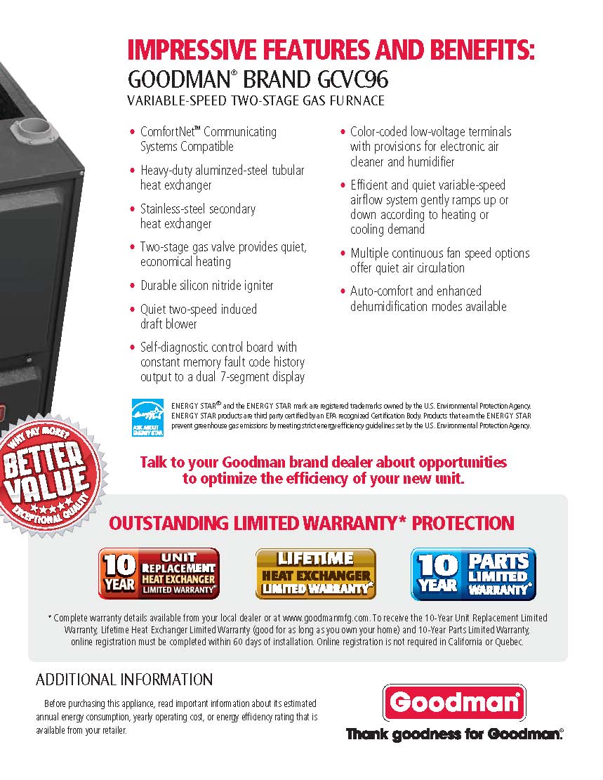 Goodman 96% Two Stage Variable Speed Gas Furnace 100K BTU, GCVC961005CN DOWN-FLOW