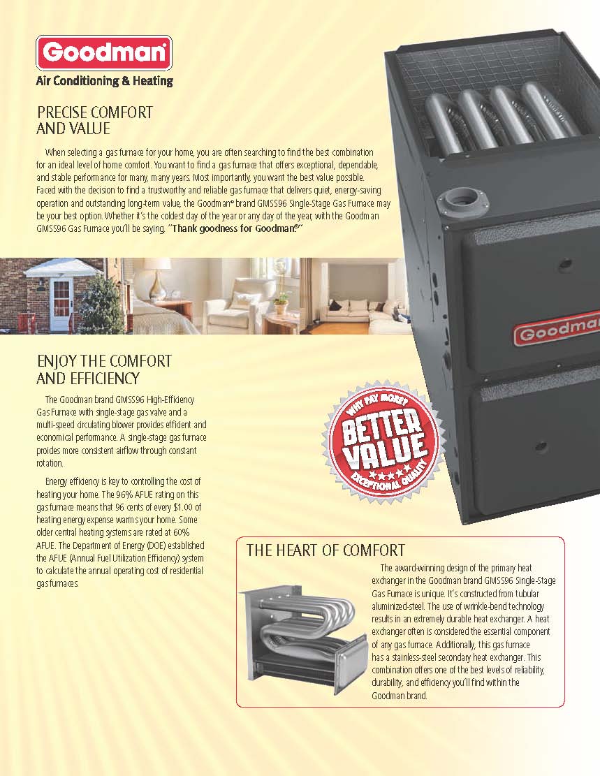 Goodman 96% Single Stage 120K BTU Gas Furnace, GMSS961205DN