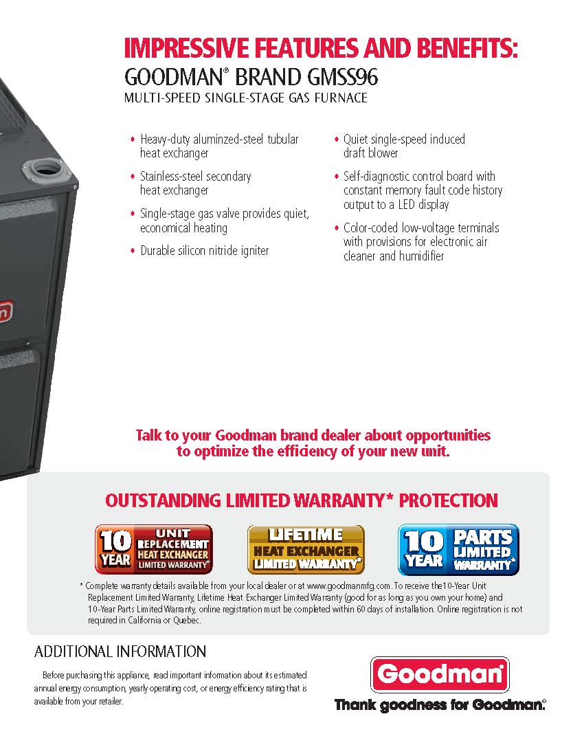 Goodman 96% Single Stage 80K BTU Gas Furnace, GMSS960804CN