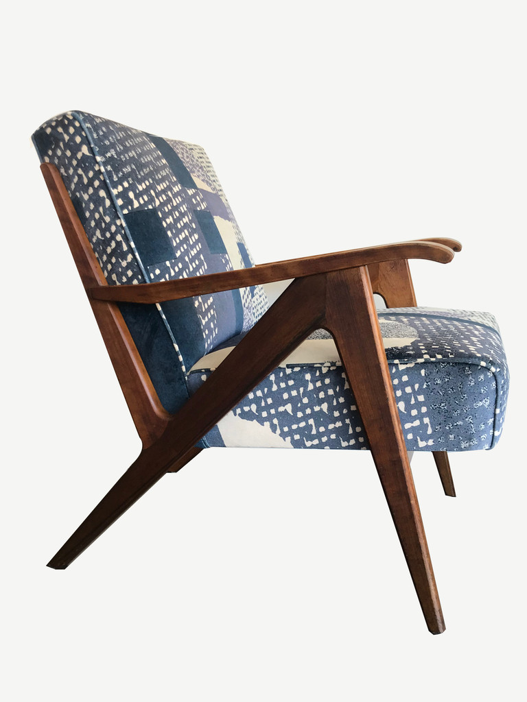 SCHULIM KRIMPER OAK LOUNGE CHAIR c1950's - BLUE ABSTRACT UPHOLSTERY 