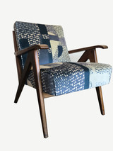 SOLD - SCHULIM KRIMPER OAK LOUNGE CHAIR c1950's - BLUE ABSTRACT UPHOLSTERY 