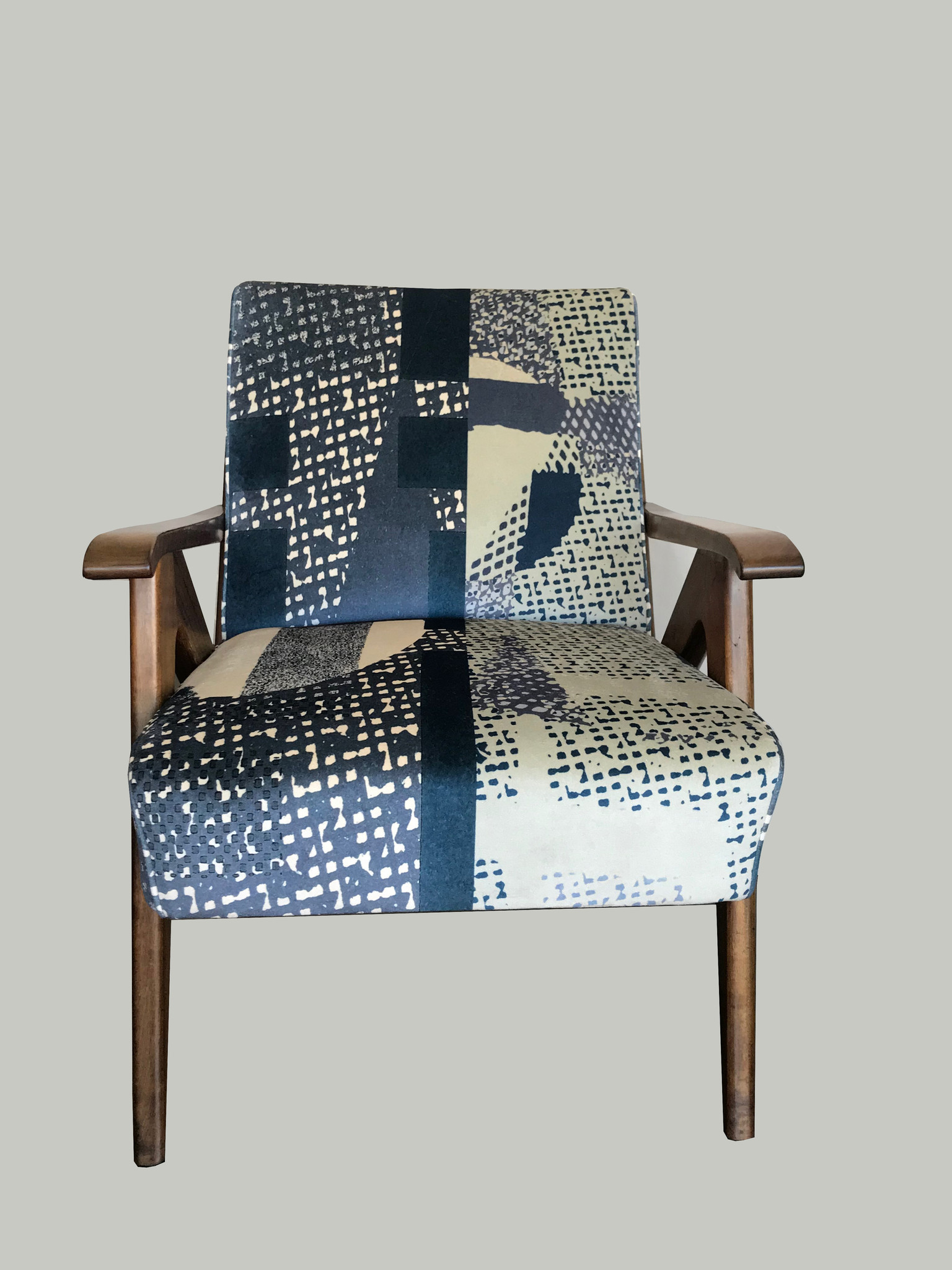 SCHULIM KRIMPER OAK LOUNGE CHAIR c1950's - BLUE ABSTRACT UPHOLSTERY 