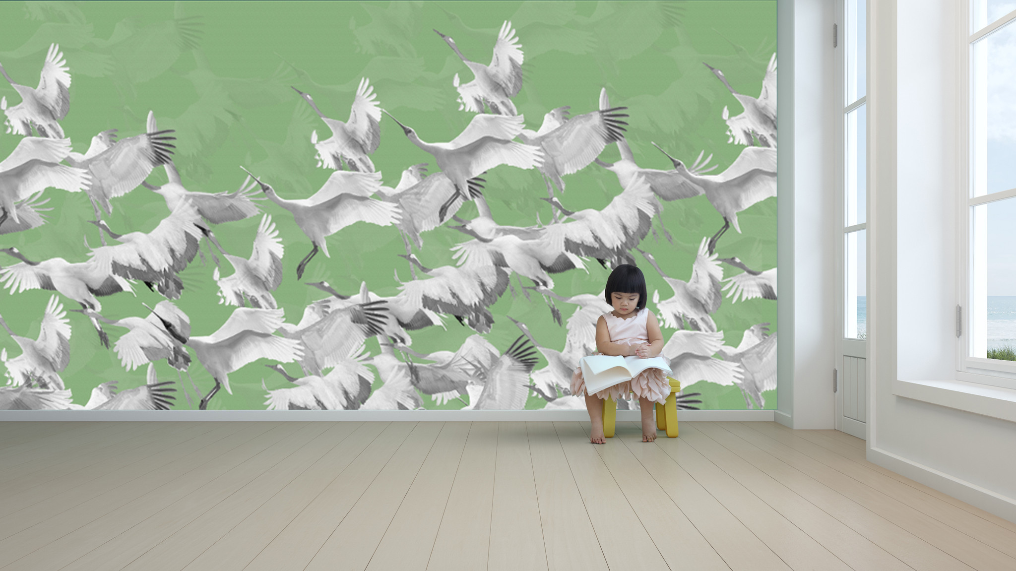 Wallpaper - Ryokan Dreaming - Cranes in Flight Green