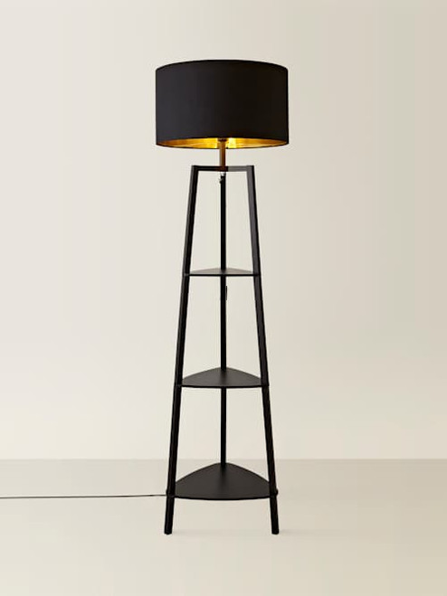 Matte Black Tripod Floor Lamp with XL Black and Gold Shade