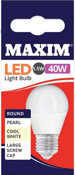 5.5w = 40w =  470 lumens - Maxim - LED - Round - BC - PA - Pearl - Cool White