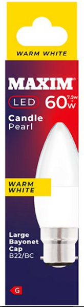 7.5w = 60w =  806 lumens - Maxim - LED - Candle - SES - PA - Pearl - Warm White