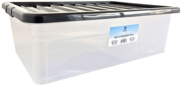 Clippy Plastic Under Bed Box With Black Lid 32ltr
