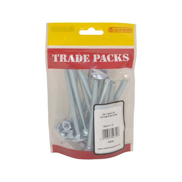 Cup Square Carriage Bolts & Nuts - Zinc Plated - M8 x 100mm - (12 PK)