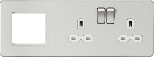 13A 2G DP Socket + 2G Modular Combination Plate - Brushed Chrome with White Insert