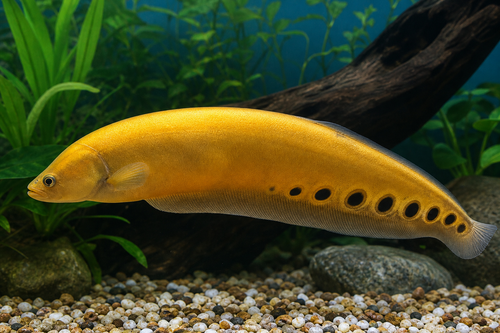 Golden Clown Knife Fish — Generated representative illustration. Not actual stock or measured-size evidence. LOP asset d29c71d9-5df1-49a1-bfa9-4d306c56844d