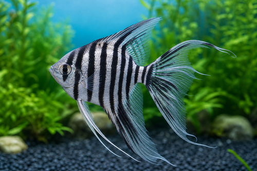 VEILTAIL ZEBRA ANGEL — Generated representative illustration. Not actual stock or measured-size evidence. LOP asset d4221933-751f-4db8-92d7-894842113ae0