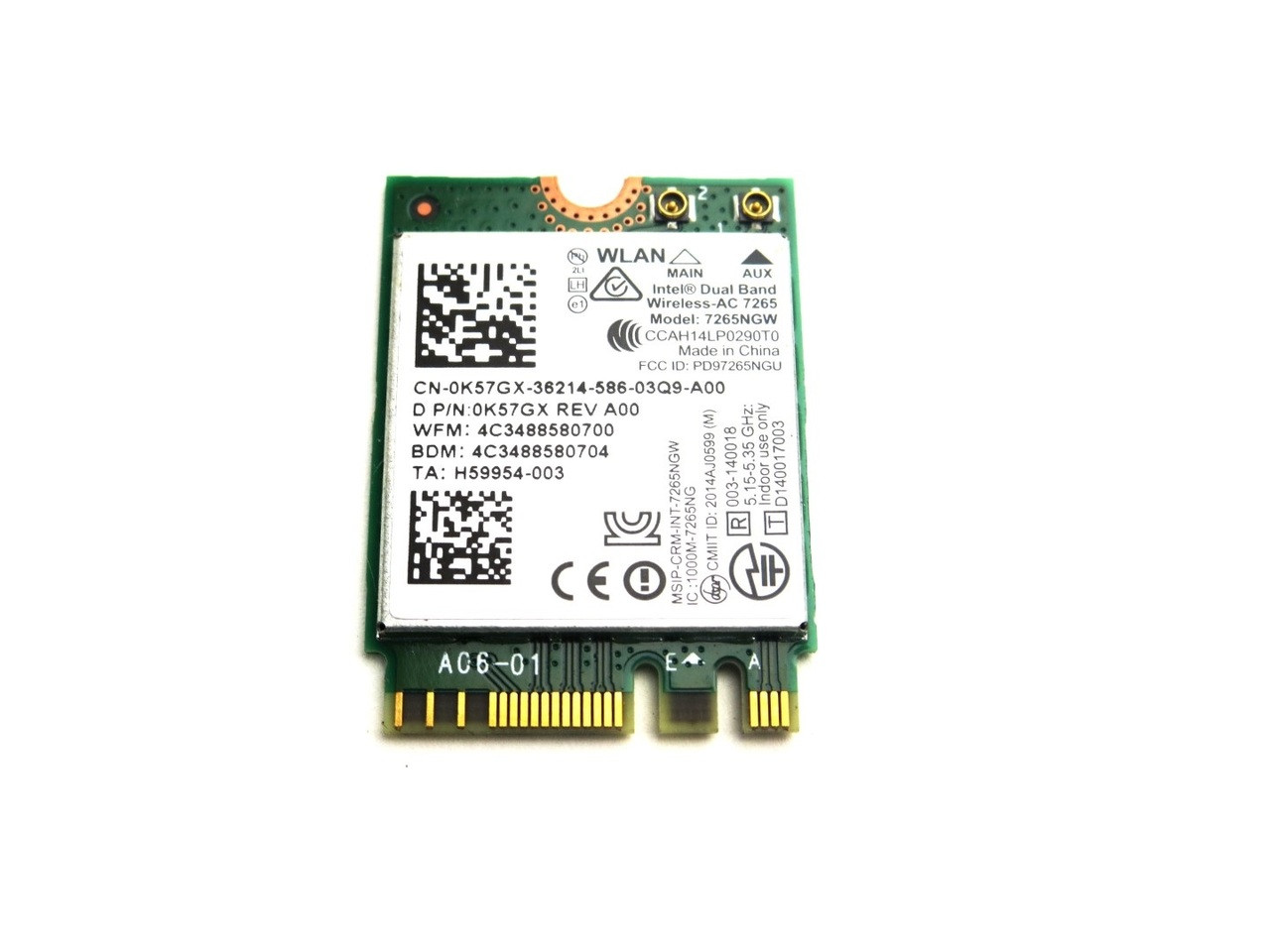 Dell Intel Wireless-AC 7265 Dual Band WLAN WiFi 802.11 ac/a/b/g/n + Bluetooth 4.0 M.2 Card - K57GX