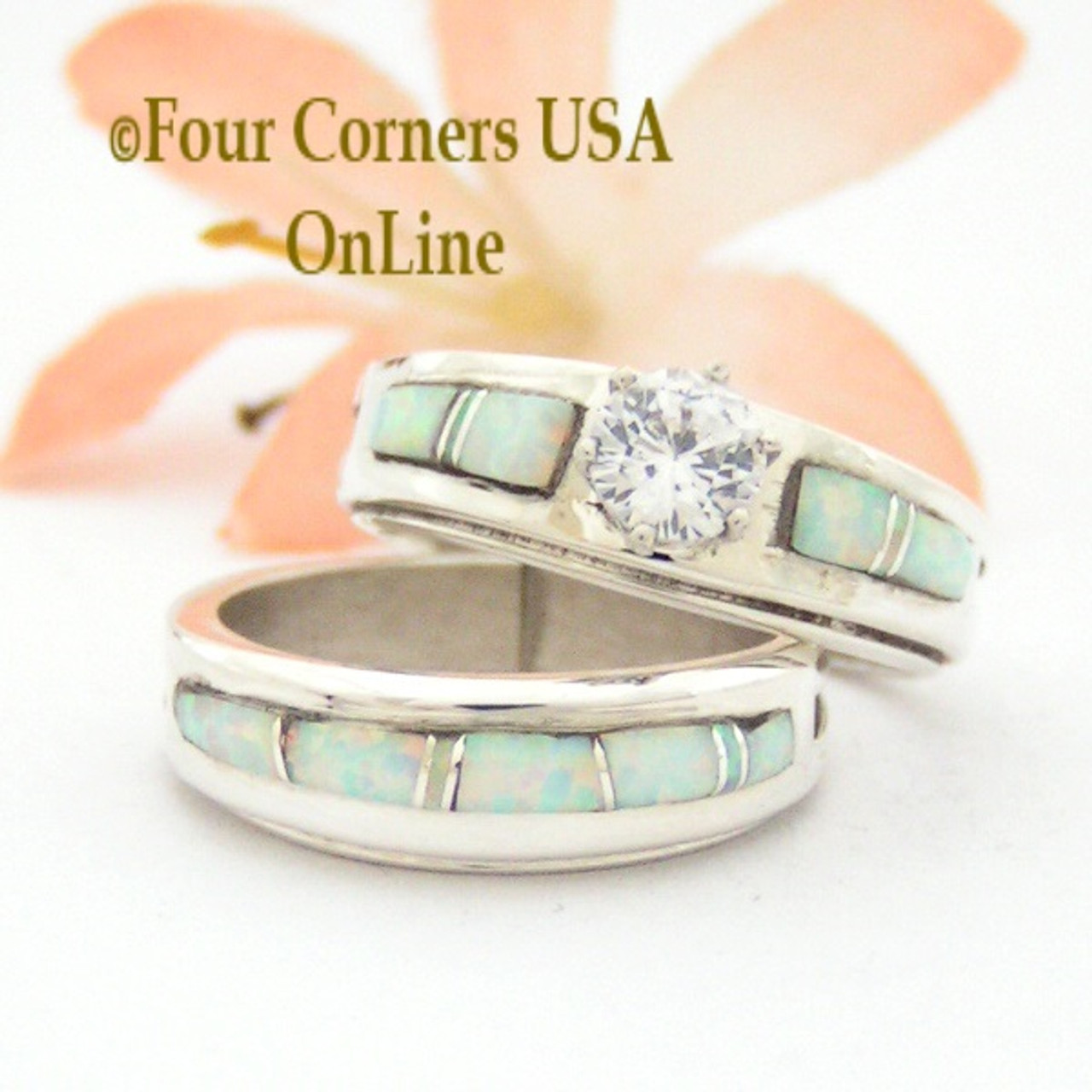 Size 6 1/2 White Fire Opal Bridal Engagement Ring Set Native American