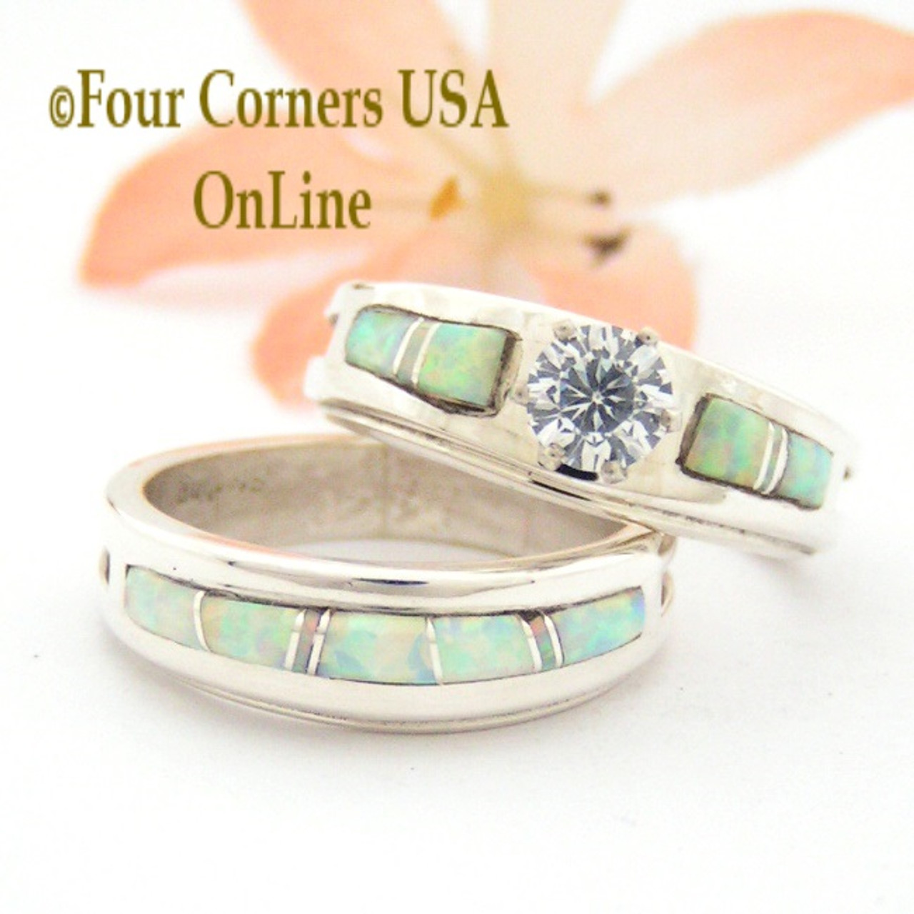 Size 7 1/2 White Opal Bridal Engagement Wedding Ring Set