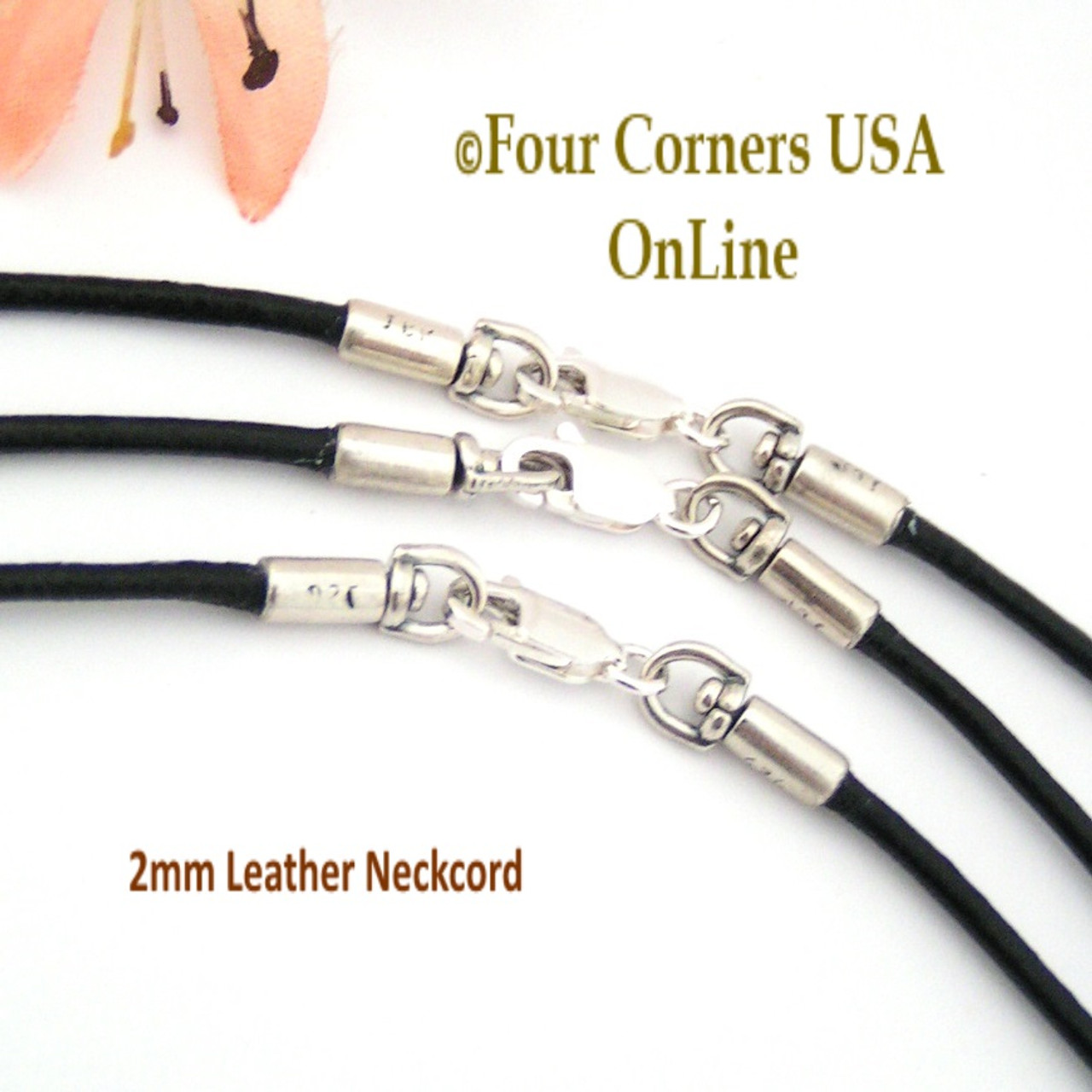Black Leather Sterling Necklace, 18 Inch