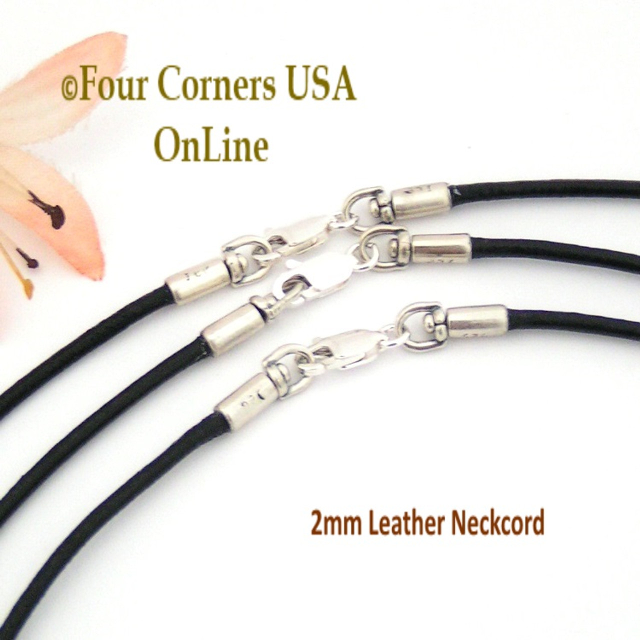 Black Leather Sterling Necklace, 18 Inch