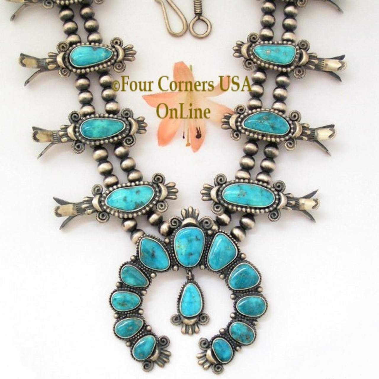 Navajo Squash Blossom Necklace Morenci Turquoise Sterling Silver 420 gr!  MASSIVE