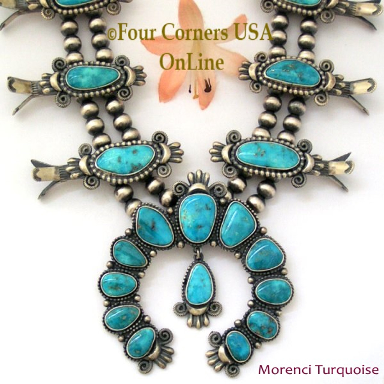 Morenci Turquoise Squash Blossom Necklace Navajo Artisan Donovan Cadman  Special Buy Final Sale NAN-1435