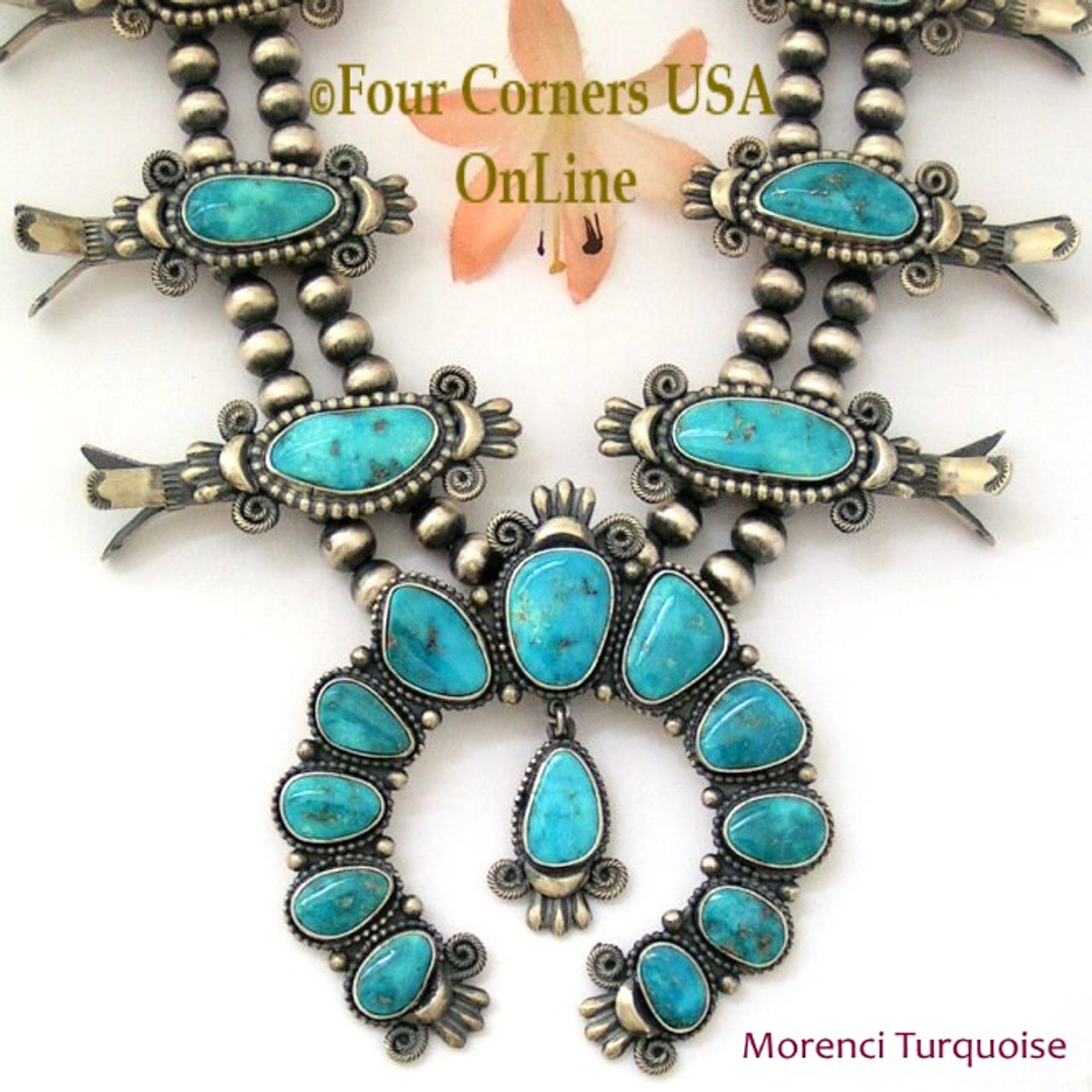 Savvy Collector » Captivating 1930's Turquoise Squash Blossom Necklace by  Navajo or Zuni Dramatic 1930's Turquoise Squash Blossom Necklace