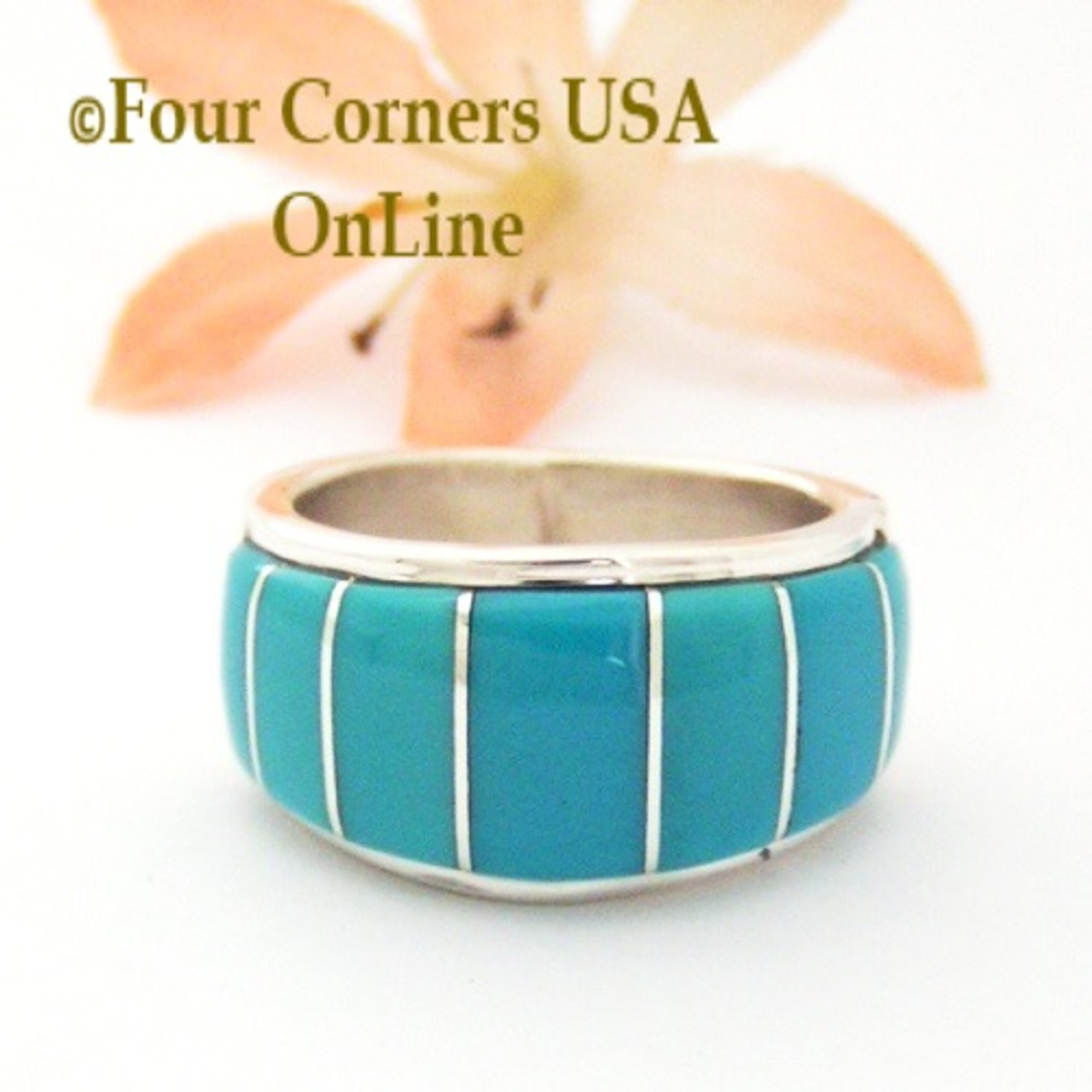 Size 8 1/2 Blue Turquoise Inlay Wide Band Ring Navajo Ella Cowboy Special  Buy Final Sale NAR-1859