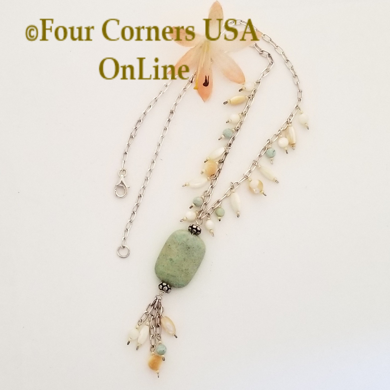 Amazonite Mother of Pearl Shell 17 Inch Sterling Fringe Necklace Closeout  Final Sale BDZ-2383