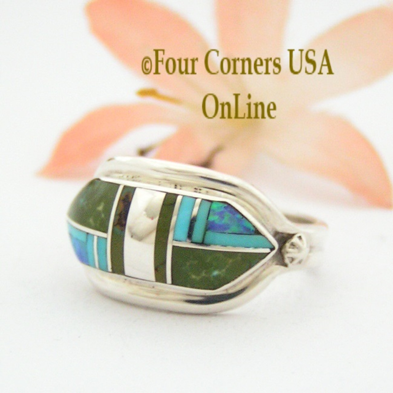 Size 7 1/2 Green and Blue Turquoise Opal Inlay Ring Navajo Artisan Albert  Francisco Special Buy Final Sale NAR-09565