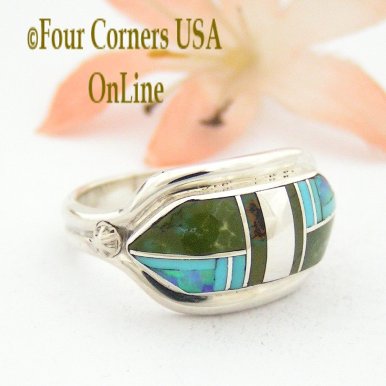 Size 7 1/2 Green and Blue Turquoise Opal Inlay Ring Navajo Artisan Albert  Francisco Special Buy Final Sale NAR-09565