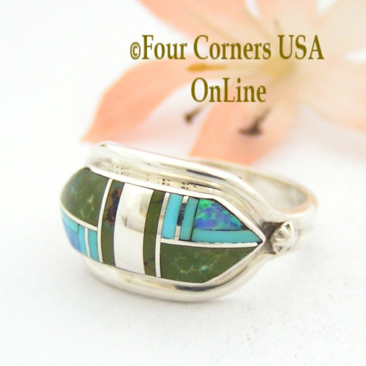 Size 7 1/2 Green and Blue Turquoise Opal Inlay Ring Navajo