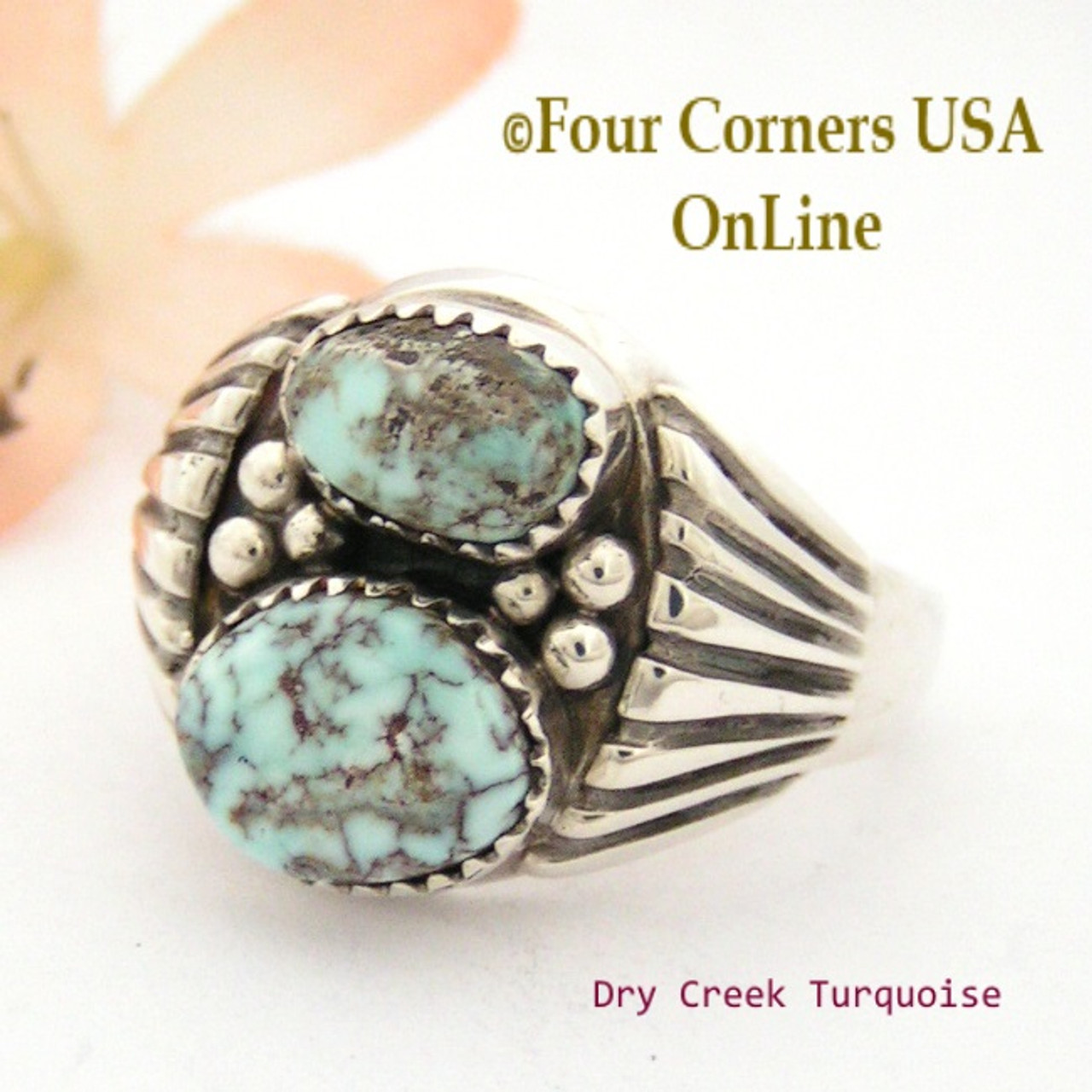 Size 13 Dry Creek Turquoise Two Stone Ring Artisan Aaron Toadlena Native  Indian Silver Jewelry NAR-13027