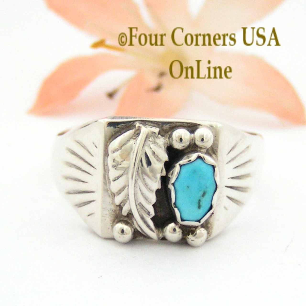 Size 13 Turquoise Silver Leaf Men's Ring Navajo Silver Jewelry Closeout  Final Sale