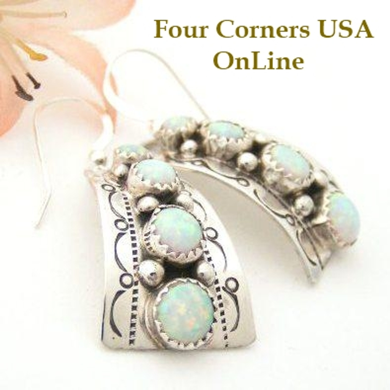 White Fire Opal Stamped Sterling Silver Earrings Mike Arviso Native