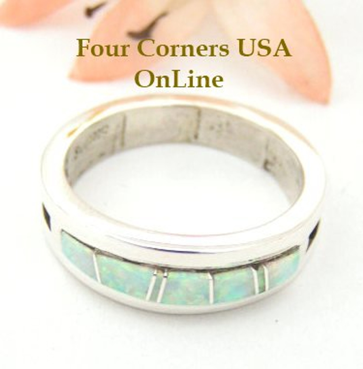 Size 10 White Fire Opal Inlay Ring Native American Silver Jewelry by