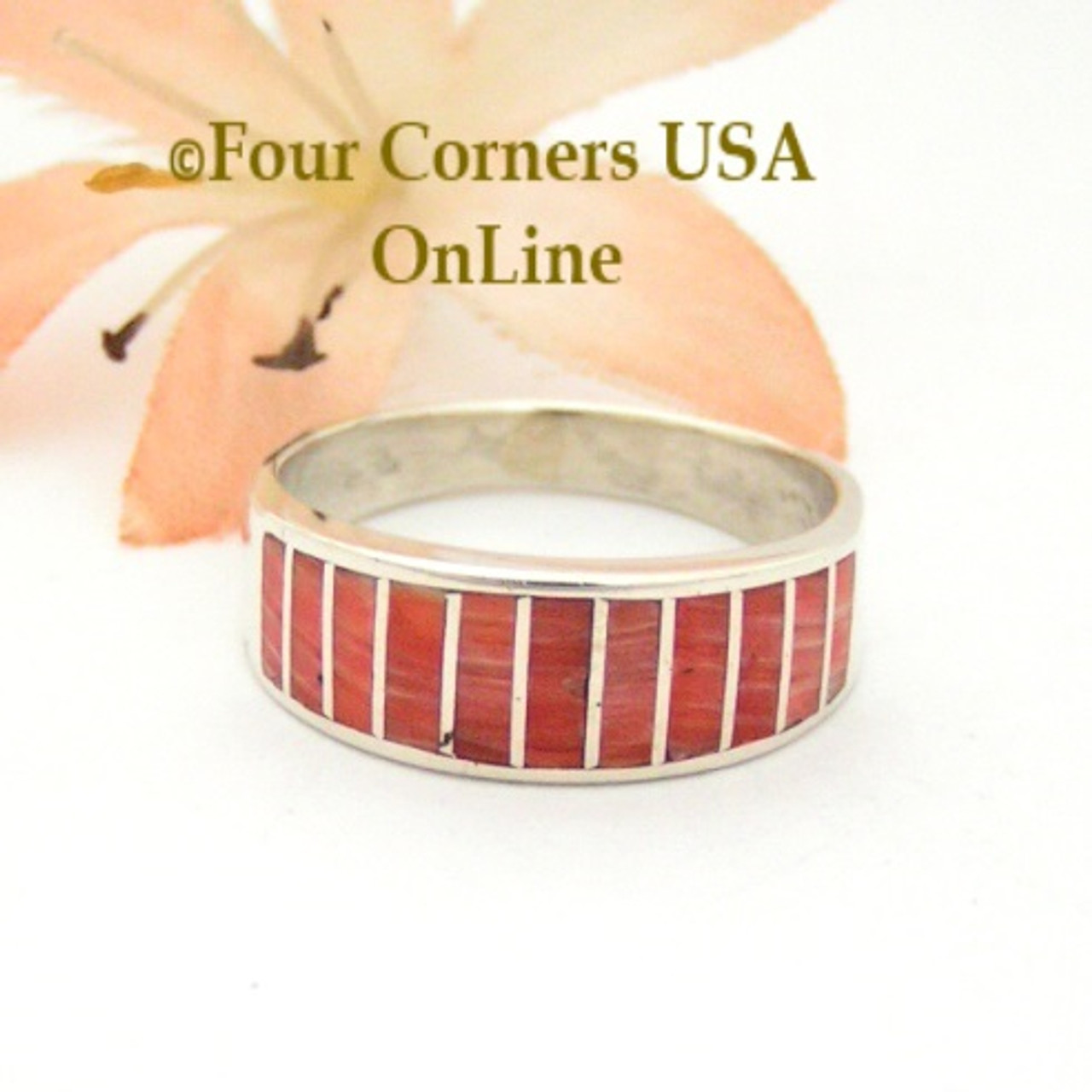 Size 7 1/2 Red Spiny Oyster Inlay Band Ring Navajo Ella Cowboy WB-1528  Special Buy Final Sale - Four Corners USA Online