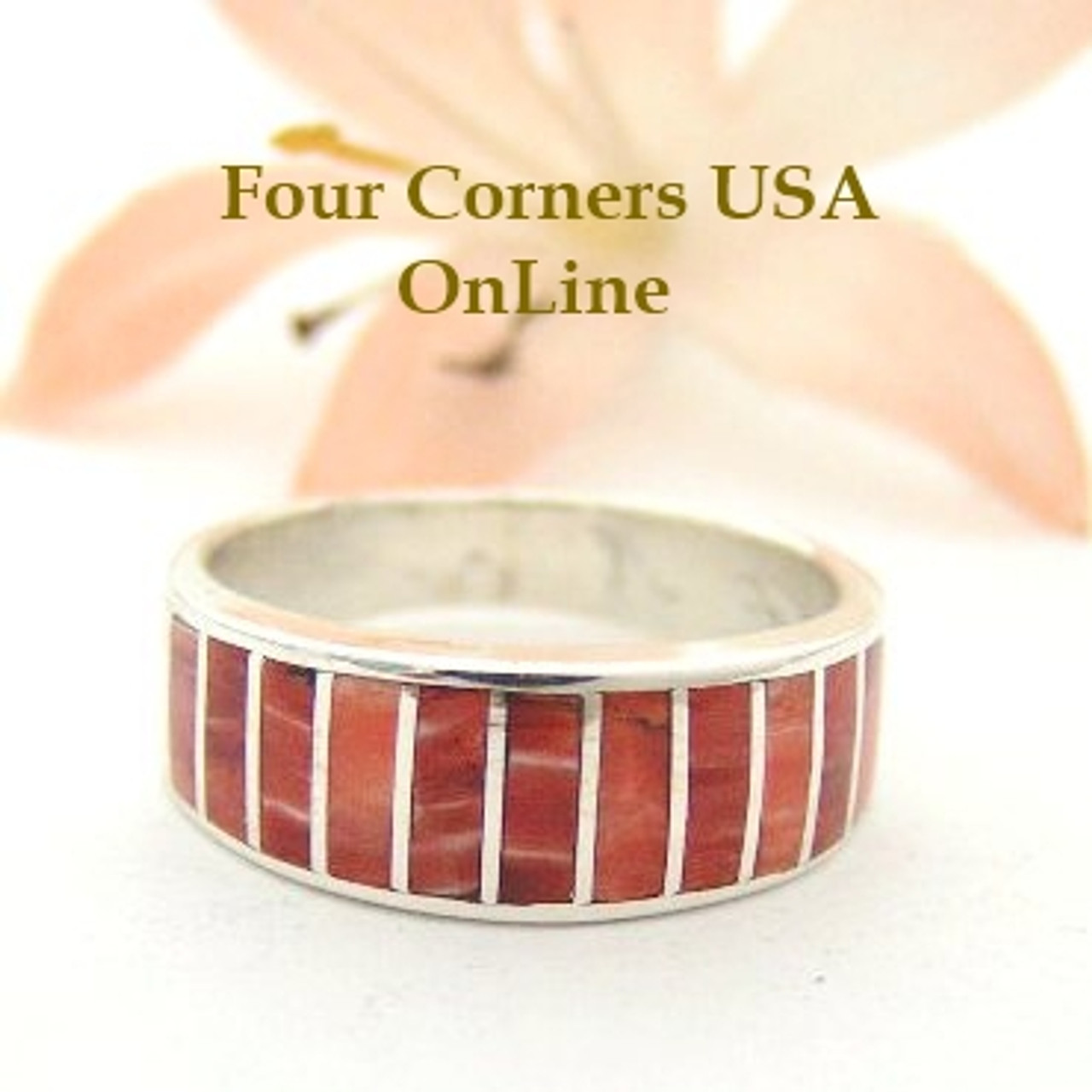 Size 5 1/2 Red Spiny Oyster Inlay Band Ring Navajo Ella Cowboy WB-1532  Special Buy Final Sale