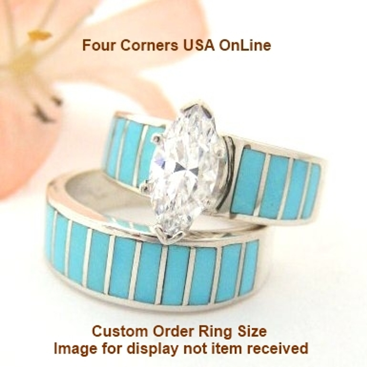 Custom Order Size Turquoise Wedding Engagement Ring Set Ella Cowboy ...