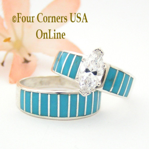 Size 8 Navajo Turquoise Inlay Wedding Engagement Bridal Ring Set Ella Cowboy WS-1484 Four Corners USA OnLine Native American Jewelry