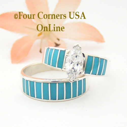 Size 10 Turquoise Inlay Wedding Engagement Ring Set Navajo Ella Cowboy WS-1488 Four Corners USA OnLine Native American Jewelry Store