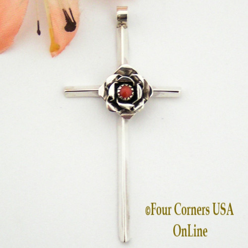 Coral Sterling Rose Cross Native American Navajo Jewelry Pendant NACR-1411 Four Corners USA OnLine Shopping