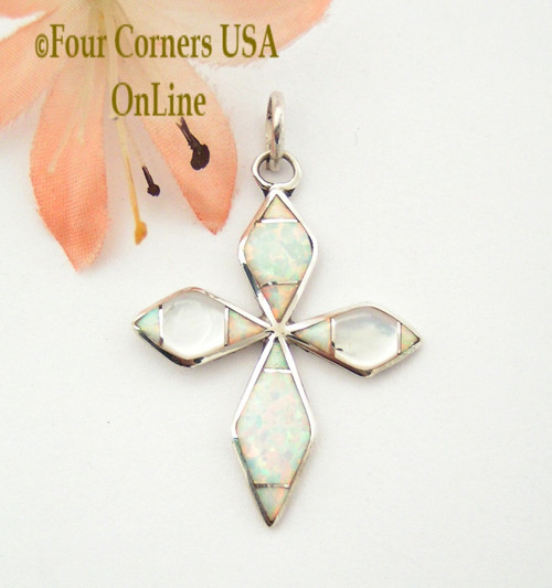 On Sale Now Fire Opal and White Mother of Pearl Inlay Cross in Sterling Silver Four Corners USA OnLine Native American Zuni James Kee NACR-1415