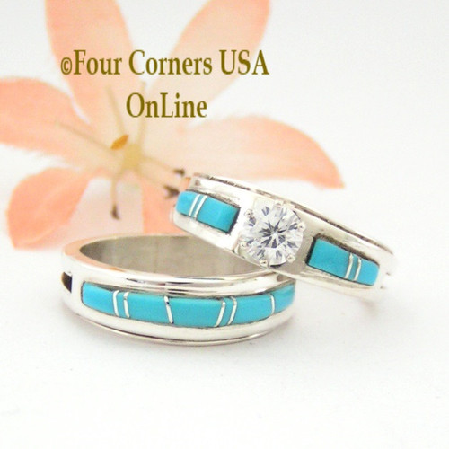 Size 7 Turquoise Inlay Engagement Bridal Wedding Ring Set Native American Wilbert Muskett Jr WS-1492 Four Corners USA OnLine Navajo Silver Jewelry