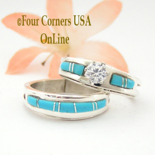 Size 8 Turquoise Engagement Bridal Wedding Ring Set Native American Wilbert Muskett Jr WS-1494 Four Corners USA OnLine Navajo Silver Wedding Jewelry